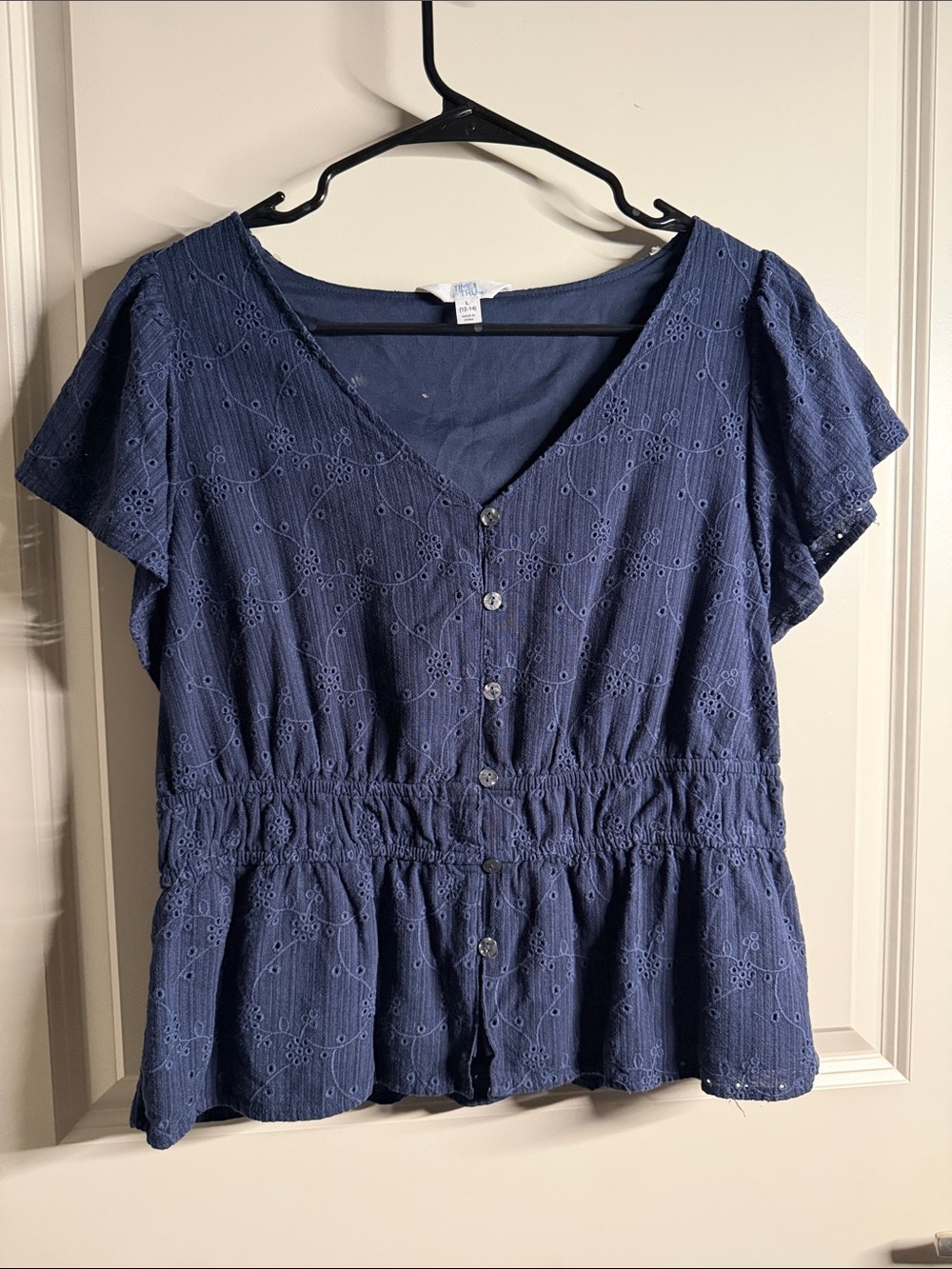Time and Tru Navy Eyelet Button-Front Peplum Top
